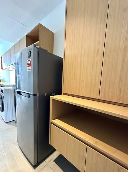 Kitchen features: stainless-steel fridge, wood cabinetry, open shelving, built-in cabinets, countertop, laundry machine, tile flooring, recessed lighting; style: modern.