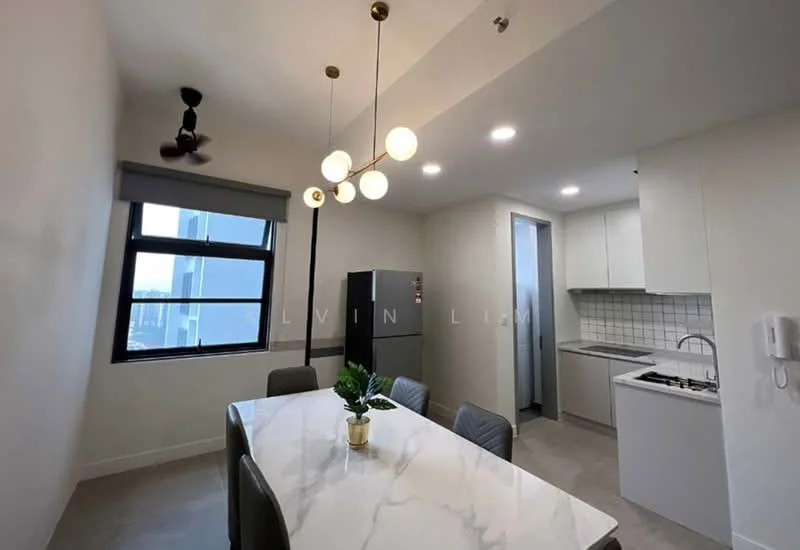 Dining features: white walls, ceiling fan with 3 blades, 6-seater dining table, upholstered dining chairs, pendant light fixture with multiple bulbs, floor-to-ceiling window, grey tile flooring, refrigerator, built-in kitchen cabinetry, gas hob, kitchen sink, white backsplash tiles; style: modern; view: city. Kitchen features: white cabinetry, grey countertop, built-in oven, kitchen sink, gas hob, white backsplash tiles; style: modern.