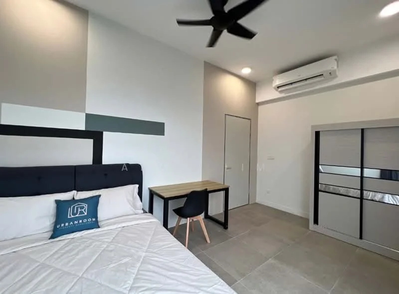 Bedroom features: queen-size bed with upholstered headboard, white bedding, black accent wall, light grey painted walls, ceiling fan, wall-mounted split AC, study desk with wooden top, black chair, sliding mirror wardrobe, tile flooring, recessed downlights; style: modern.