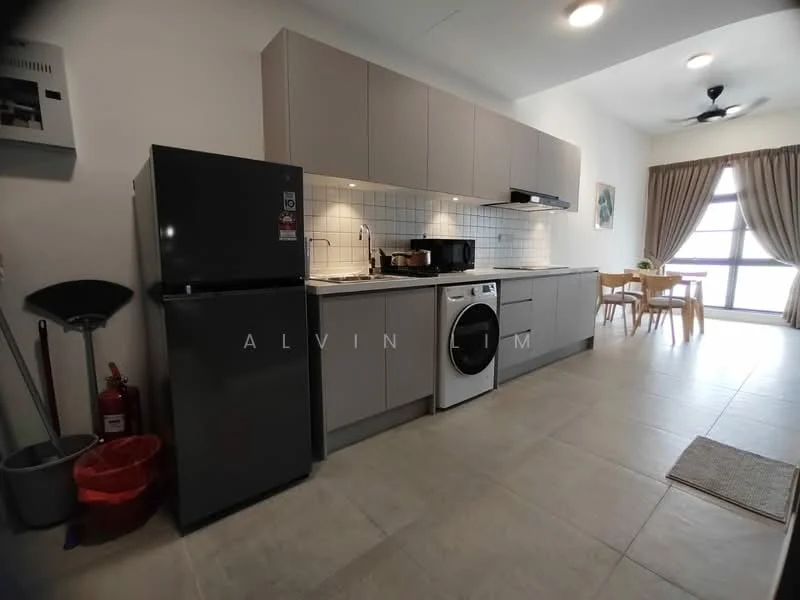 Kitchen features: grey cabinetry, white tiled backsplash, stainless-steel sink, chrome pull-down faucet, built-in oven, freestanding range oven, microwave, stainless-steel fridge, front-load washing machine, ceiling fan, dining table with chairs, window with curtains, tile flooring; style: modern.