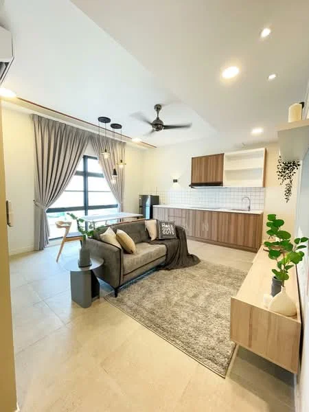 Living features: 3-seater fabric sofa in grey, coffee table, area rug with geometric pattern, wall-mounted TV, wooden console table, floor-to-ceiling windows, sheer curtains, ceiling fan with light, recessed downlights, decorative plants, kitchenette with wooden cabinetry, white tiled backsplash, stainless-steel sink, built-in refrigerator; style: modern.