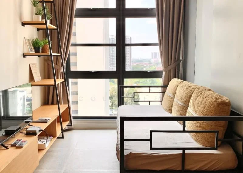Living features: sofa bed with beige cushions, wooden shelving unit, floor-to-ceiling windows, curtains in brown, light-colored tile flooring, TV console, decorative plants on shelves, remote control on table; style: modern; view: city.