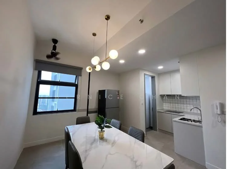 Dining features: 6-seater dining table, upholstered dining chairs, pendant light fixture with multiple bulbs, ceiling fan, floor-to-ceiling window, grey tiled flooring, white walls, kitchenette visible in background, stainless-steel fridge, built-in kitchen cabinetry, white countertop, gas stove, backsplash with white tiles; style: modern; view: city.