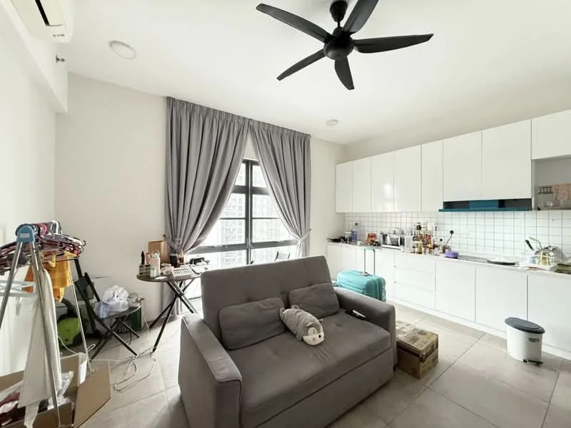 Living features: grey fabric sofa, 5-blade ceiling fan with light, floor-to-ceiling windows, white cabinetry, white tiled backsplash, kitchen countertop, stainless-steel sink, kitchen appliances visible, dining table, curtains, tile flooring, decorative items on countertop, box storage, folding chair; style: modern; view: city.