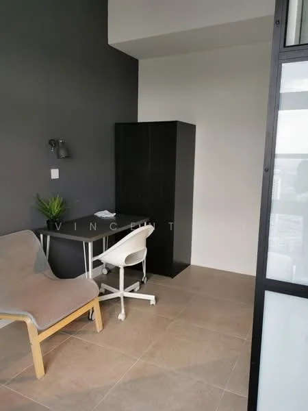 Study features: grey accent wall, light grey tiled flooring, desk with metal legs and white tabletop, white ergonomic chair, black storage cabinet, table lamp on wall, small potted plant, large window with natural light; style: modern; view: city.
