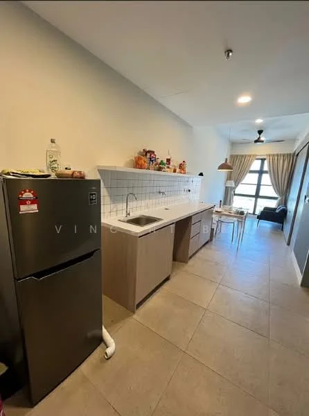 Kitchen features: single-bowl stainless-steel sink, chrome pull-down faucet, white tiled backsplash, laminate countertop, brown cabinetry, stainless-steel fridge, ceramic tile flooring, recessed downlights, floor-to-ceiling window, curtains, open shelving, kitchen island; style: modern.