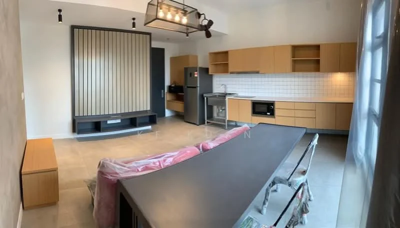 Living features: grey wall with wood paneling, light beige tiled flooring, ceiling with pendant light fixture, 5-blade ceiling fan, built-in cabinetry in light wood, white tiled backsplash, stainless-steel refrigerator, microwave, built-in oven, kitchen island with seating, dining table with chairs, sofa covered in plastic, open layout, large windows with natural light; style: modern.