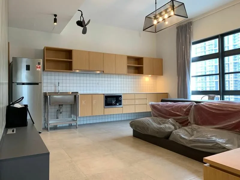 Living features: 3-seater fabric sofa covered in plastic, coffee table, kitchenette with wooden cabinetry, white tiled backsplash, stainless-steel fridge, built-in microwave, single-bowl stainless-steel sink, chrome pull-down faucet, pendant light fixture, 5-blade ceiling fan, large windows with black frames, grey curtains, light-colored tile flooring; style: modern.