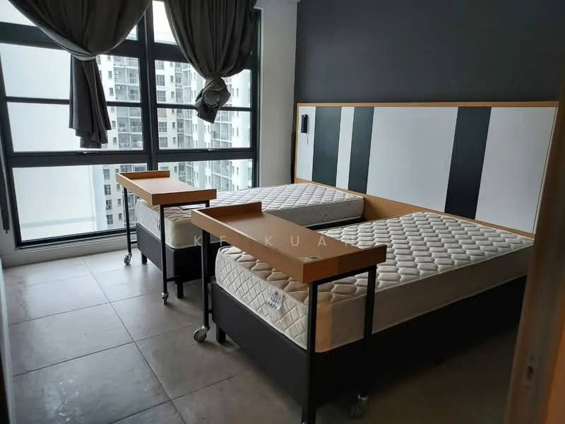 Bedroom features: two single beds with bed frames, mattresses on beds, large floor-to-ceiling windows, grey curtains, white walls, dark accent wall, tile flooring, bedside tables on wheels, wall-mounted light switch, minimalist decor; style: modern; view: city.