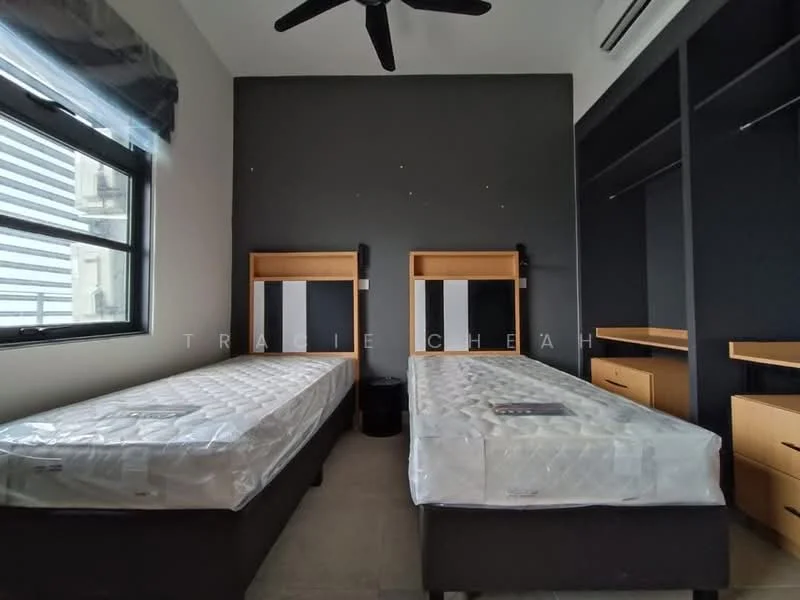 Bedroom features: two single beds with mattresses, black ceiling fan, grey accent wall, built-in wardrobe with open shelving, wooden bedside tables, window with blinds, tile flooring, air conditioning unit; style: modern.