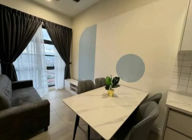 Dining features: grey fabric sofa, 6-seater dining table with marble top, upholstered dining chairs, floor-to-ceiling windows, sheer curtains, decorative plant in ceramic pot, light grey painted walls, accent wall with blue circular design, tile flooring, recessed downlights; style: modern; view: city.