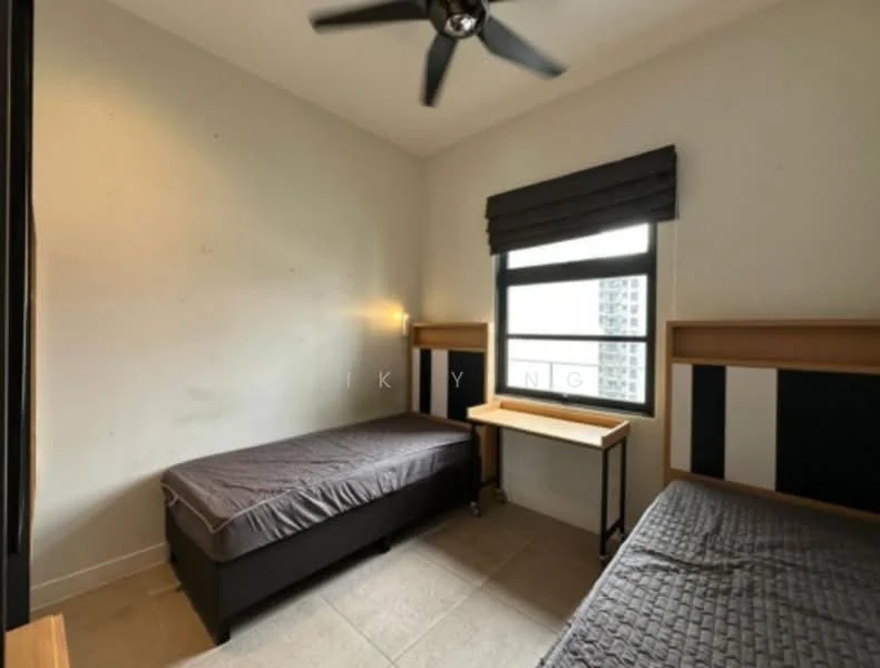 Bedroom features: two single beds with grey bedding, black bedside table, window with black roller blinds, ceiling fan, light fixture on wall, neutral painted walls, tile flooring, built-in wardrobe; style: modern.