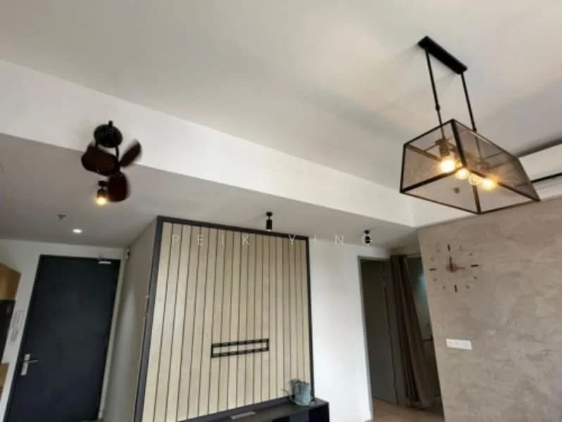 Living features: 5-blade ceiling fan, pendant light with glass shade, wall-mounted clock, textured feature wall, built-in cabinetry, neutral wall colour, recessed lighting, open layout; style: modern.
