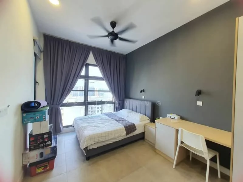 Bedroom features: queen-size bed with white bedding, grey upholstered headboard, 2 bedside wall-mounted sconces, floor-to-ceiling windows, grey accent wall, light-coloured tile flooring, ceiling fan with light, study desk with white chair, storage cabinet, curtains in dark grey, box storage beside bed; style: modern; view: city.