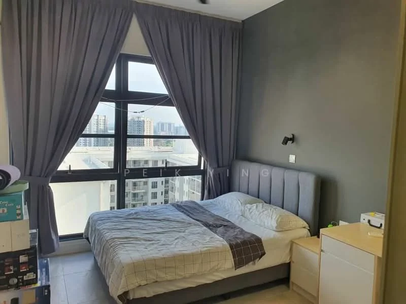 Bedroom features: king-size bed, upholstered headboard, grey bedding, white bed linens, nightstand, table lamp, floor-to-ceiling windows, grey accent wall, curtains, tile flooring, wall-mounted sconce; style: modern; view: city.