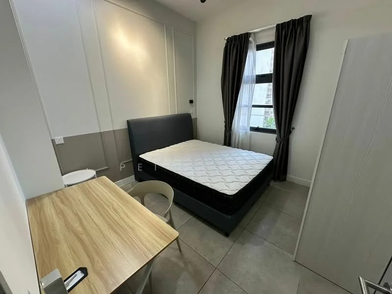 Bedroom features: queen-size bed, mattress on bed frame, wooden desk, plastic chair, floor-to-ceiling window, grey curtains, light grey painted walls, tile flooring, built-in wardrobe, wall-mounted light fixture; style: modern; view: garden.