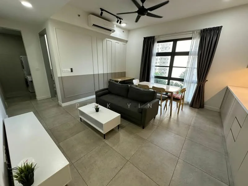 Living features: grey fabric sofa, 4-seater dining table, white coffee table, floor-to-ceiling windows, sheer curtains, dark curtains, wall-mounted air conditioning unit, recessed downlights, tile flooring, decorative plant on table, open shelving unit, neutral wall colour; style: modern; view: garden.