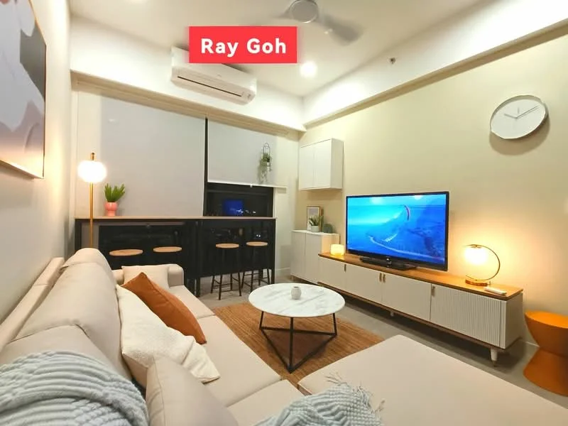 Living features: 3-seater fabric sofa in beige, coffee table with round top, TV console with storage, wall-mounted TV, area rug with neutral color, pendant lamp, floor-to-ceiling windows, bar counter with 3 stools, recessed downlights, ceiling fan, decorative wall clock, greenery in a pot; style: modern.