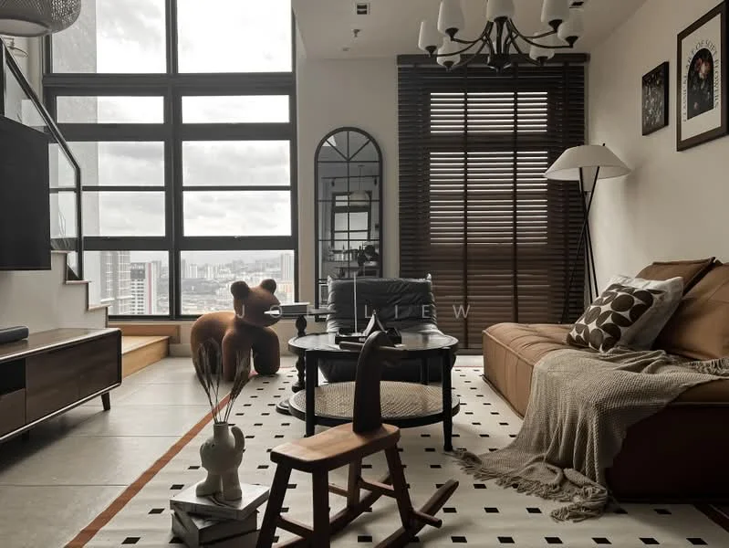 Living features: large floor-to-ceiling windows, brown leather sofa, black coffee table, wooden rocking chair, decorative throw blanket, framed artwork on walls, modern floor lamp, wooden side table, decorative mirror, textured area rug, wooden flooring, shuttered window treatments, plush teddy bear decor; style: modern; view: city.
