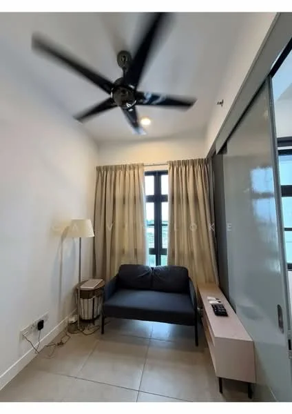 Room features: 5-blade ceiling fan, floor-to-ceiling window, sheer curtains, blackout curtains, light-colored walls, tile flooring, sofa, side table, wall-mounted console; style: modern.