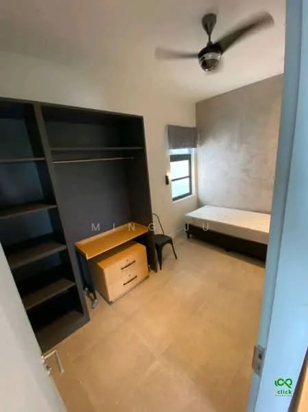 Bedroom features: single bed, ceiling fan, built-in wardrobe with open shelving, wooden dresser, tile flooring, grey accent wall, window with roller blinds, neutral wall colour; style: modern.