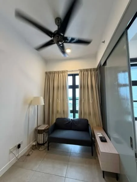 Room features: 5-blade ceiling fan, floor-to-ceiling windows, curtains, light-colored walls, tile flooring, sofa, side table, TV console; style: modern.
