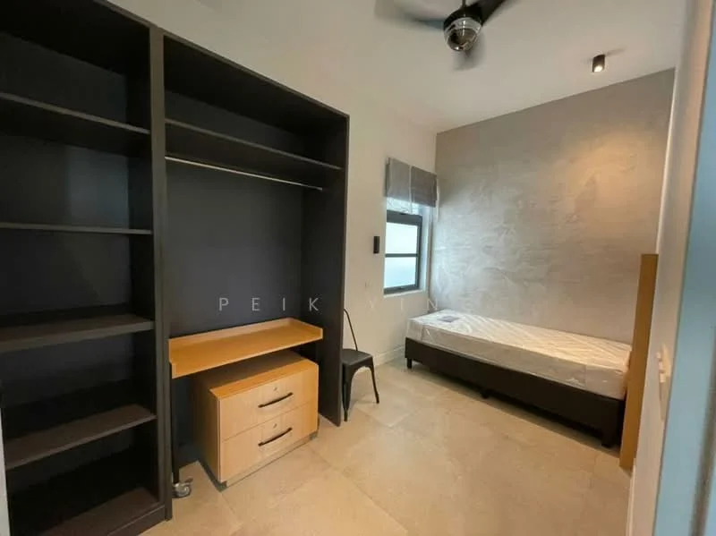 Bedroom features: single bed frame without mattress, built-in wardrobe with open shelving, wooden desk with drawer, black chair, light-colored wall with textured finish, ceiling fan, large window with sheer curtains, tile flooring; style: modern.