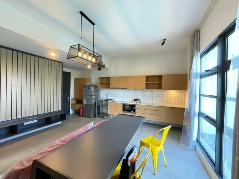 Kitchen features: grey tile flooring, white painted walls, wood cabinetry in light brown, black countertop, stainless-steel fridge, built-in oven, microwave, white tiled backsplash, kitchen island with seating, pendant lighting, large windows with sheer curtains, yellow plastic chair; style: modern.