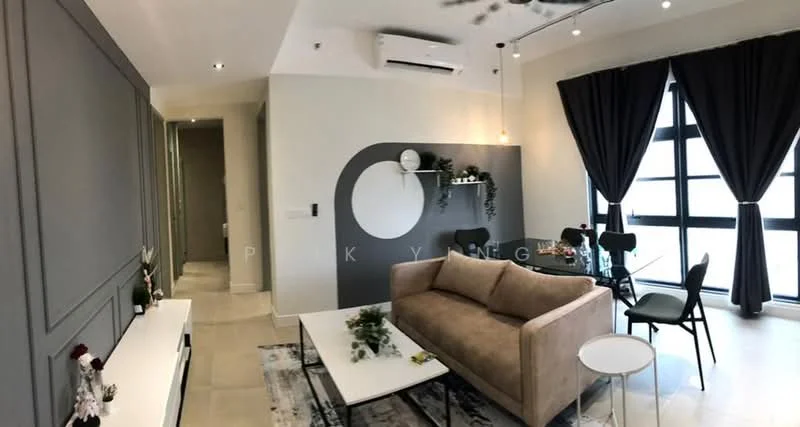 Living features: beige fabric sofa, white coffee table, area rug with geometric pattern, floor-to-ceiling windows, blackout curtains, recessed downlights, wall-mounted air conditioning unit, decorative wall with circular feature, dining table with chairs, decorative plants, light-colored walls, tile flooring; style: modern. Room features: hallway leading to other rooms, light-colored walls, tile flooring.