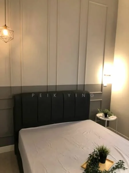 Bedroom features: grey upholstered headboard, queen-size bed, decorative pendant light, wall-mounted sconce, light grey painted walls, panelled accent wall, small round side table, decorative plant on side table; style: modern.