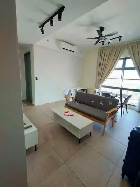 Living features: grey fabric sofa, wooden coffee table, 2-blade ceiling fan, wall-mounted air conditioning unit, floor-to-ceiling window, curtains, light-colored tiled flooring, decorative wall with no visible features; style: modern; view: city.