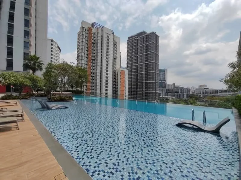 Exterior type: swimming pool deck; features: infinity pool, pool deck with loungers, mosaic tile flooring, surrounded by greenery, city skyline view, high-rise buildings in background; style: modern.