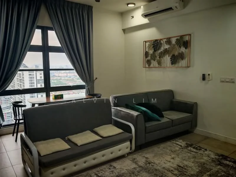 Living features: 2-seater fabric sofa in grey, 3-seater fabric sofa with storage, area rug with geometric pattern, floor-to-ceiling windows, curtains in dark blue, wall-mounted air conditioning unit, decorative wall art with botanical theme, small dining table with high stools, light fixtures in ceiling, neutral painted walls, tile flooring; style: modern; view: city.