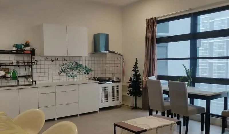 Kitchen features: white cabinetry, grey countertop, stainless-steel gas hob, built-in oven, green wall mural with birds, open shelving, sink, refrigerator, floor-to-ceiling windows, dining table with grey upholstered chairs, decorative plant, curtains, tile backsplash; style: modern; view: city.