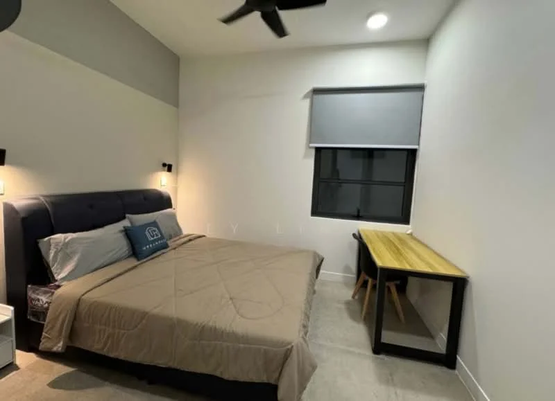 Bedroom features: king-size bed with upholstered headboard, beige bedding, 2 wall-mounted sconces, desk with wooden top and black legs, black chair, window with grey roller blinds, floor-to-ceiling window, light grey painted walls, ceiling fan, tile flooring; style: modern.