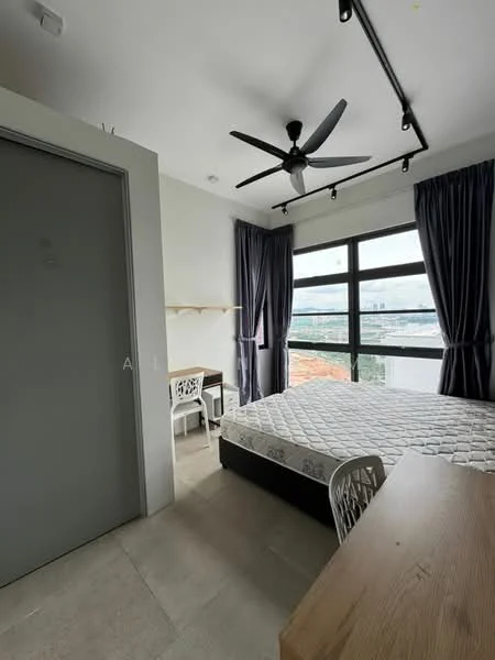 Bedroom features: king-size bed, upholstered headboard, 2 bedside lamps, study desk, white chair, floor-to-ceiling windows, grey curtains, ceiling fan with light, light-colored walls, tile flooring, shelf unit, view of city skyline; style: modern; view: city.
