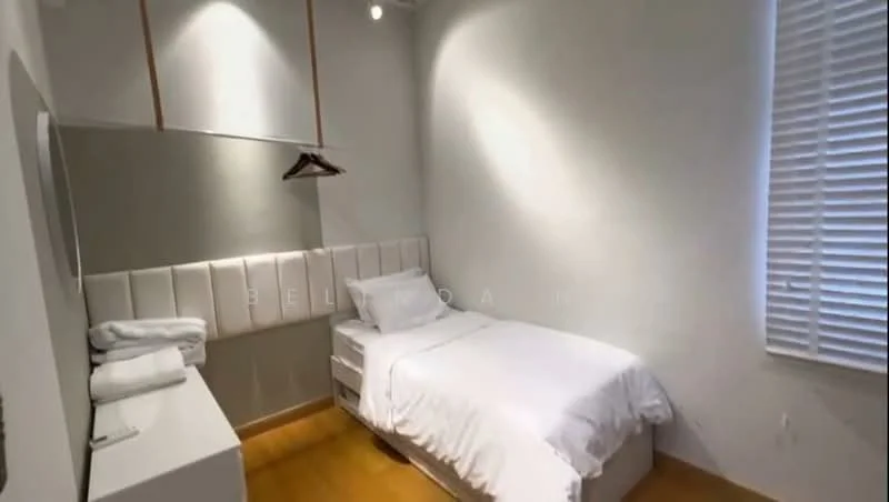 Bedroom features: single bed with white bedding, upholstered headboard, white painted walls, wooden flooring, built-in wardrobe with mirror, hanging clothes rack, window with blinds, nightstand, towels on nightstand; style: modern.
