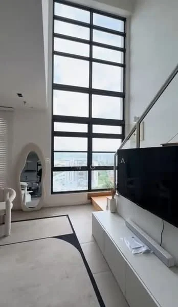 Living features: floor-to-ceiling windows, white walls, light-colored flooring, TV console, wall-mounted TV, area rug with geometric pattern, modern armchair, decorative mirror, wooden staircase, natural light from windows, minimalist decor; style: modern; view: city.