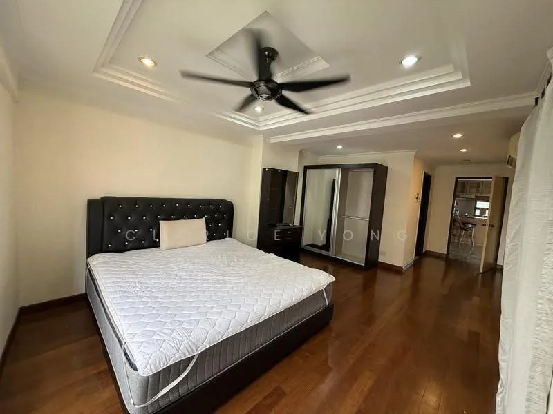 Bedroom features: king-size bed, upholstered headboard, 5-blade ceiling fan with light, wooden flooring, crown moulding, built-in wardrobe, natural light from windows, neutral wall color; style: modern.