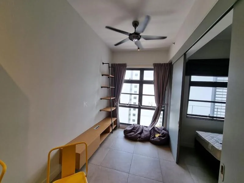 Bedroom features: grey painted walls, tile flooring, 5-blade ceiling fan, floor-to-ceiling windows, sheer curtains, built-in shelving unit, bean bags, wooden bench, queen-size bed, decorative wall art; style: modern; view: city.