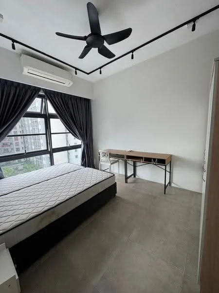 Bedroom features: queen-size bed, 5-blade ceiling fan with light, floor-to-ceiling windows, blackout curtains, study desk, light grey walls, light grey flooring, air conditioning unit; style: modern; view: city.