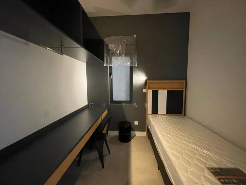 Bedroom features: single bed, black and white headboard, built-in wall shelving, desk with wooden surface, black chair, window with sheer curtain, grey painted walls, carpet flooring; style: modern.