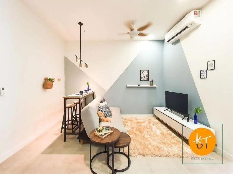 Living features: light grey painted walls, blue accent wall, white ceiling, 5-blade ceiling fan, wall-mounted TV, white TV console, area rug with fluffy texture, wooden coffee table, upholstered sofa in light grey, bar counter with high stools, shelf on wall, decorative wall planter, decorative items on shelf; style: modern.