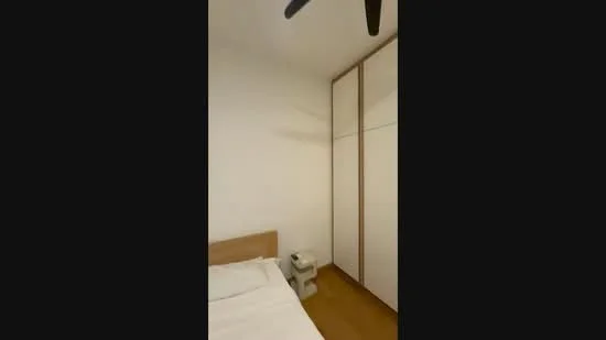 Bedroom features: white painted walls, wooden flooring, queen-size bed, built-in wardrobe with sliding doors, ceiling fan, nightstand, bed linens, minimalist decor; style: modern.