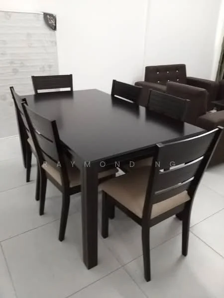 Dining features: dark wood dining table, 6-seater dining table, upholstered dining chairs with beige fabric, white walls, grey tiled flooring; style: modern.