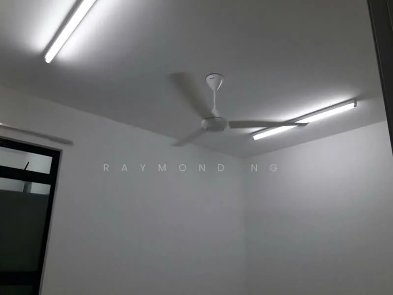 Room features: white painted walls, ceiling fan, LED strip lighting, floor-to-ceiling window, roller blinds.