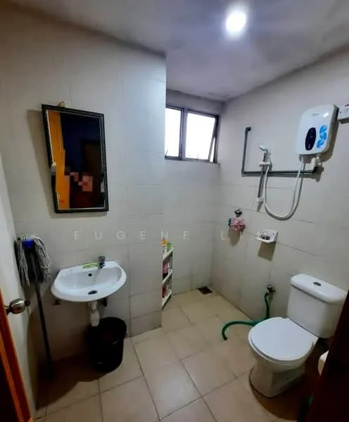 Bathroom features: white tiled walls, cream tiled flooring, single-sink vanity with mirror, toilet, shower with wall-mounted water heater, window for natural light, shelf unit for storage, waste bin.
