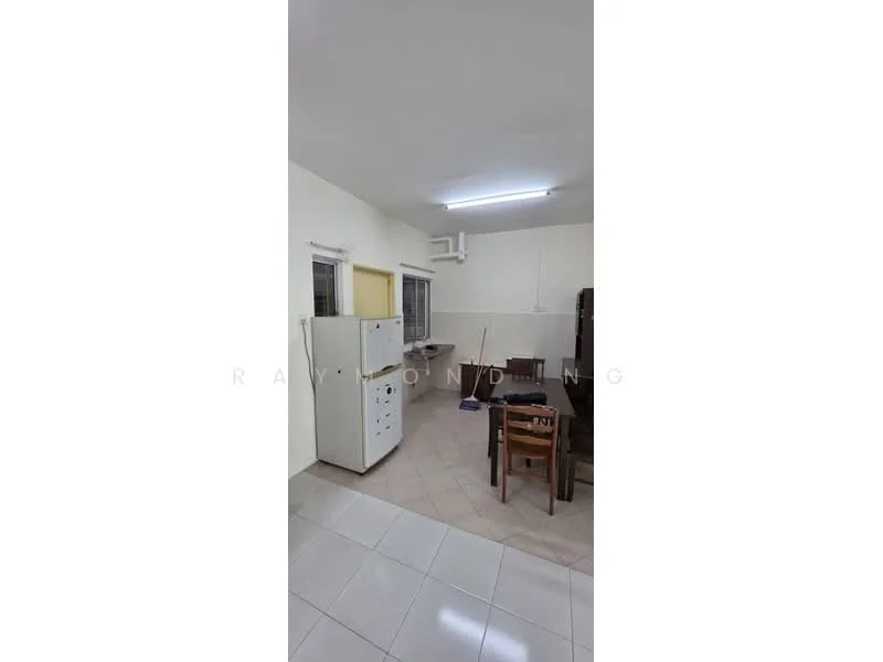 Kitchen features: white walls, tile flooring, single-bowl stainless-steel sink, chrome pull-down faucet, white cabinetry, freestanding fridge, built-in countertop, window with blinds, exposed ceiling, light fixture, dining table with chairs.