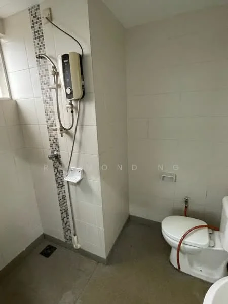 Bathroom features: white tiled walls, grey tiled flooring, one-piece toilet, shower area with water heater, chrome shower head, mosaic tile accent wall, window for natural light, toilet paper holder; style: modern.