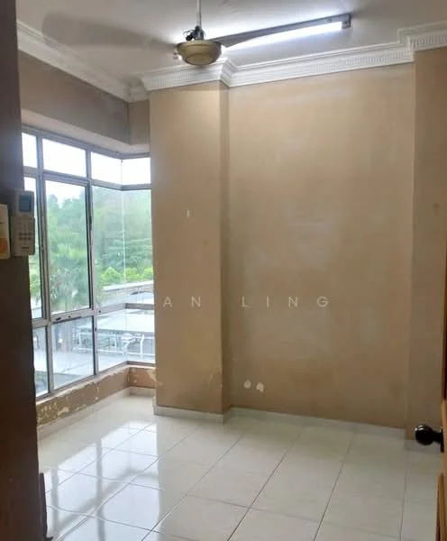 Room features: cream painted walls, white ceiling with crown moulding, recessed ceiling lights, large floor-to-ceiling windows, glossy white tile flooring, visible outdoor view, no visible furniture or decor; view: garden.
